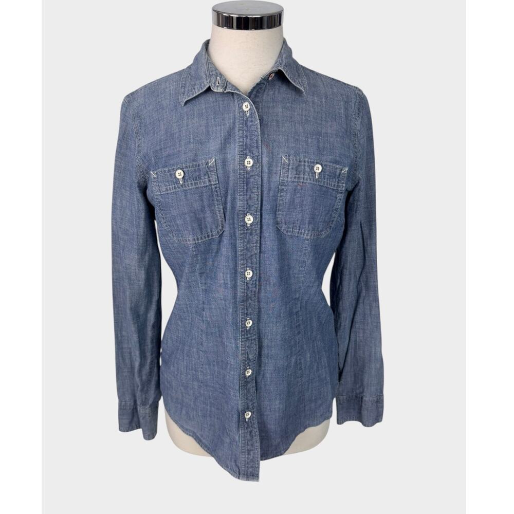 Lands' End The Oufitters Size 10 Blue Chambray Button Front Shirt 100% Cotton